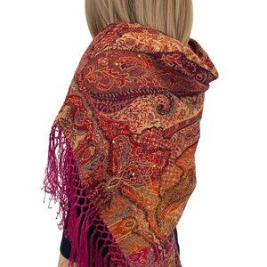 Vintage Paisley Patterned Cashmere Wool Shawl wrap With Pink Fringe Made India